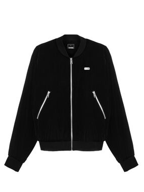 Team Wang black velvet zip up bomber jacket logo street wear velour large